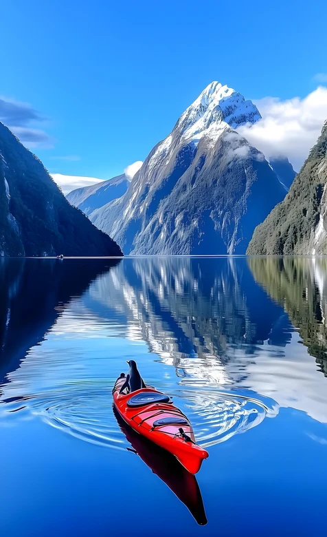 米尔福德峡湾·皮划艇企鹅·唯美写实 治愈系山水手机壁纸