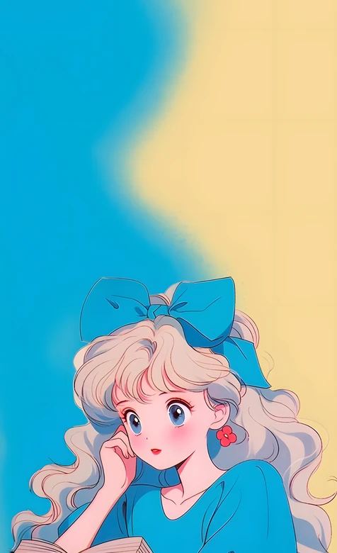 日系漫画风少女·蓝蝴蝶结卷发看书 治愈手机壁纸