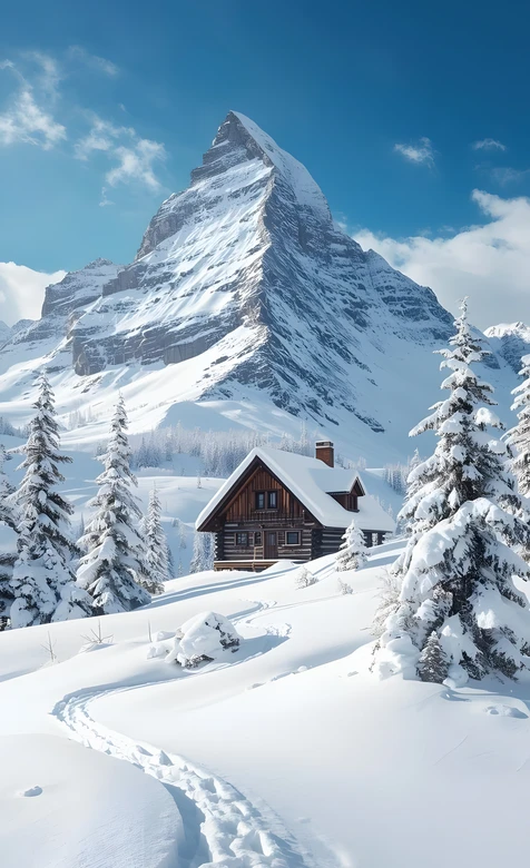 雪山尖峰·雪松木屋 唯美写实冬日治愈壁纸