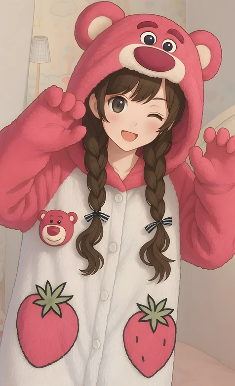 二次元少女·草莓熊睡衣双马尾 软萌治愈插画手机壁纸