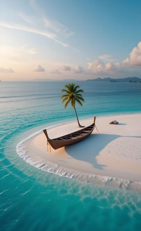 白沙滩棕船棕榈树·唯美写实 热带海洋度假风手机壁纸