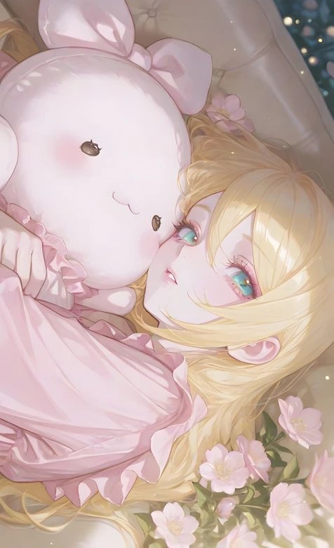 金发少女抱粉萌玩偶 唯美二次元插画手机壁纸