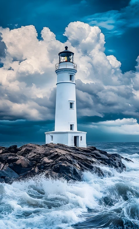 海岸灯塔海浪礁石·写实大气手机壁纸