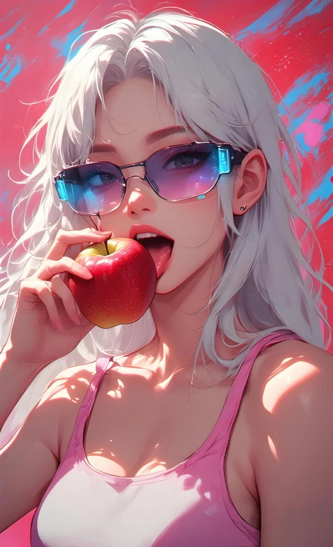 白发墨镜少女咬苹果 赛博朋克风超人气手机壁纸