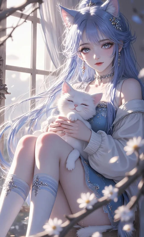 蓝发猫耳少女抱白猫 唯美二次元插画动态壁纸（治愈系萌宠）