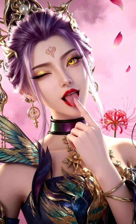 国漫古风·紫发金饰羽翼角色·粉色彼岸花唯美壁纸（古风国漫壁纸）