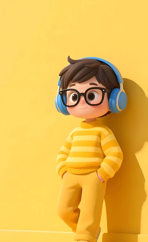3D写实男孩·蓝耳机黑眼镜黄条纹 暖黄治愈高人气手机壁纸