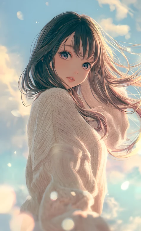 长发少女·针织衫逆光发丝 唯美二次元插画 清新治愈手机壁纸