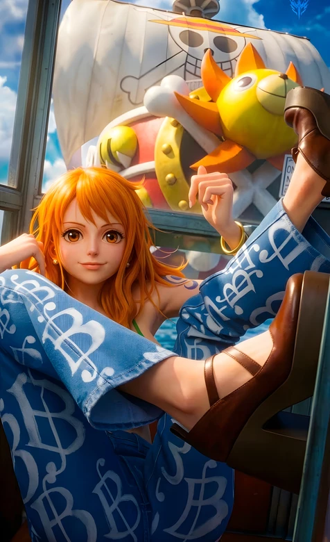 娜美·橙发俏皮 海贼王桑尼号写实风手机壁纸