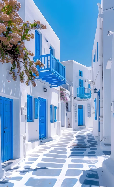 希腊蓝白小镇街道·唯美圣托里尼风清新手机壁纸