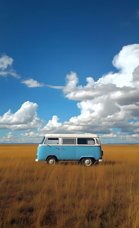 复古面包车·草原晴空 清新治愈风 旅行感壁纸