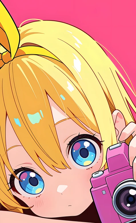 金发蓝眼萌系少女·持粉相机二次元风壁纸 高人气萌系壁纸