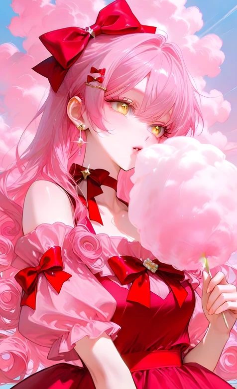 二次元粉发少女·红蝴蝶结持棉花糖 甜美手机壁纸