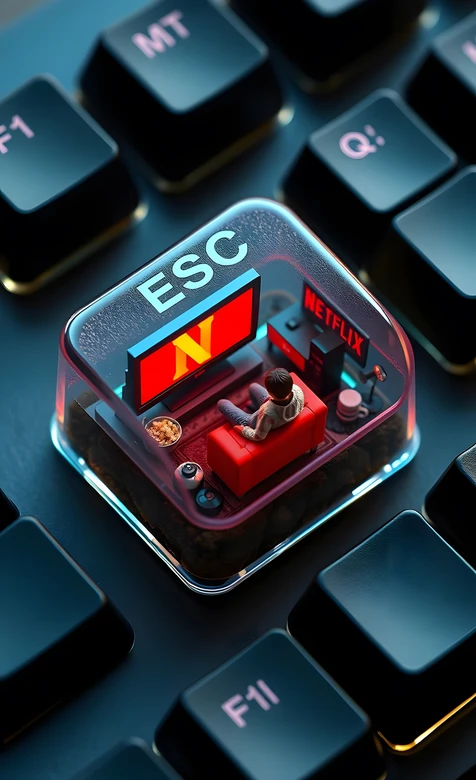 ESC键帽微缩Netflix追剧场景 创意写实手机壁纸