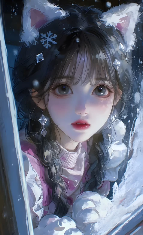猫耳少女·雪花点缀 唯美二次元手绘 冬季治愈系手机壁纸精选