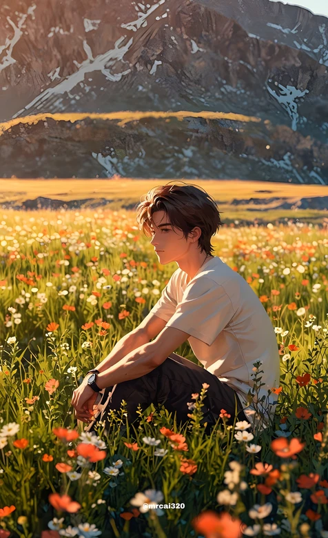 动漫少年·花海草原雪山 唯美国漫插画手机壁纸