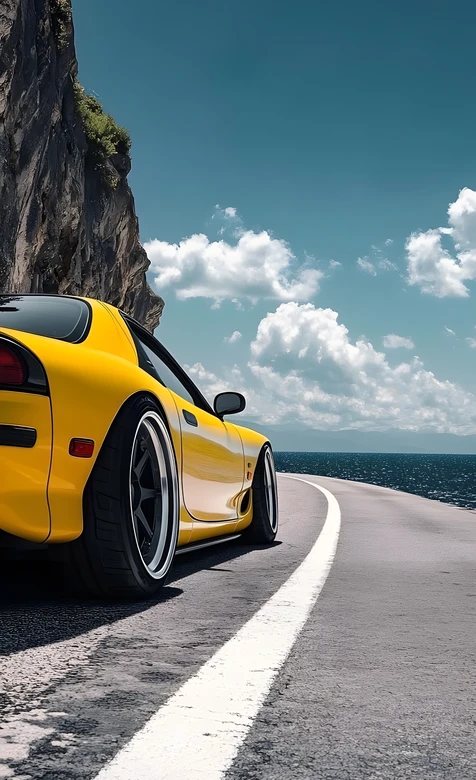 黄色马自达RX-7·海滨悬崖公路写实风 超跑手机壁纸
