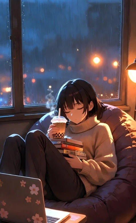 日系治愈风·雨夜窗边少女抱书饮奶茶 高适配手机壁纸
