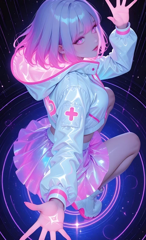 二次元赛博朋克美少女（渐变粉发镭射衣）手机壁纸（潮酷科技风）