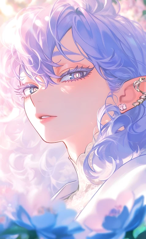 蓝发卷发少年·唯美二次元风 梦幻花境手机壁纸