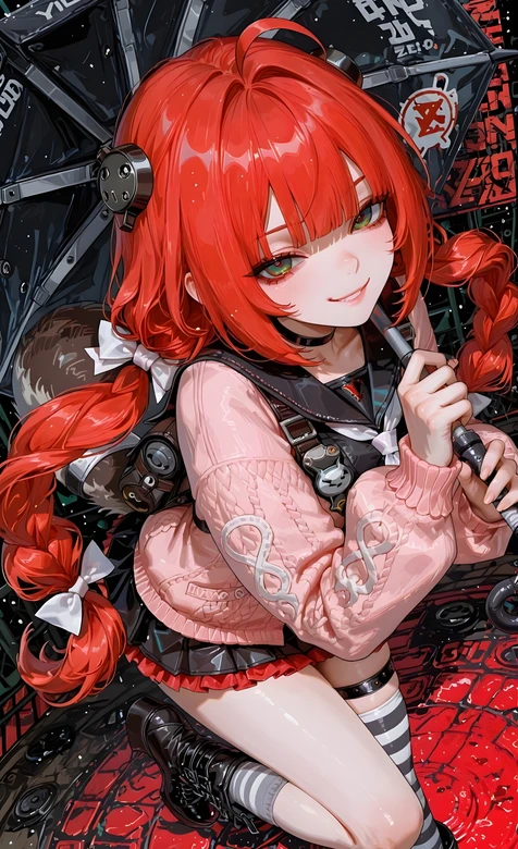 红发双马尾酷甜少女·粉衣黑裙 二次元机械风手机壁纸