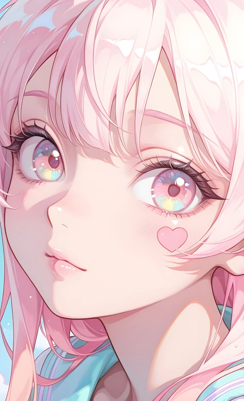 粉色长发美少女·彩虹眼瞳爱心腮红 日系唯美动漫原创手机壁纸