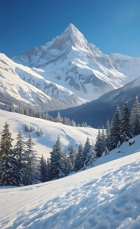 雪山群峰雪松林·唯美写实·高清冬日山景壁纸