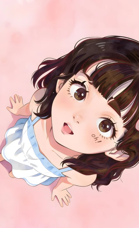 Q版棕瞳卷发女孩 治愈风粉色背景 萌系手机壁纸