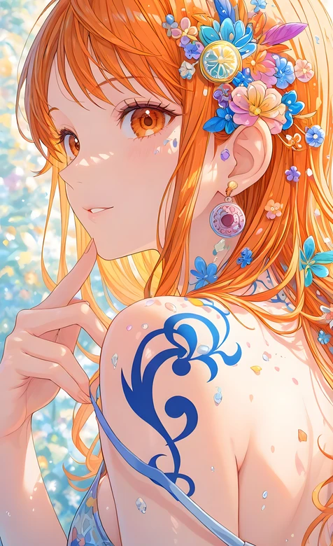 娜美·橘发花饰蓝纹身 唯美二次元海贼王壁纸