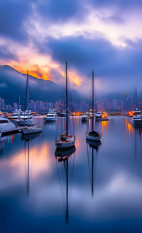 港湾帆船城市暮色·唯美风高质感夜景壁纸