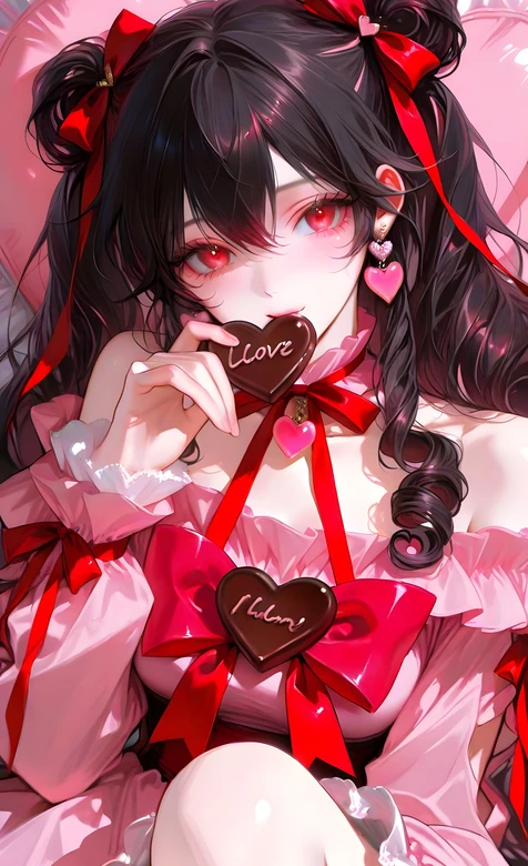 二次元黑发红瞳少女·爱心巧克力 唯美手机壁纸