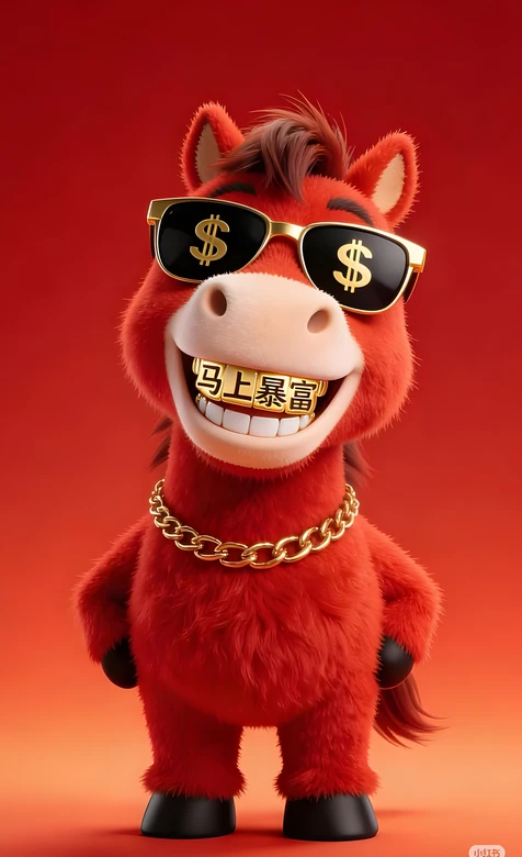 卡通红马·马上暴富金牙美元墨镜 国潮喜庆风暴富主题手机壁纸