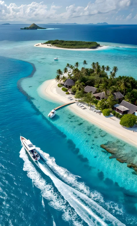 热带海岛白沙滩游艇·唯美写实·度假风手机壁纸
