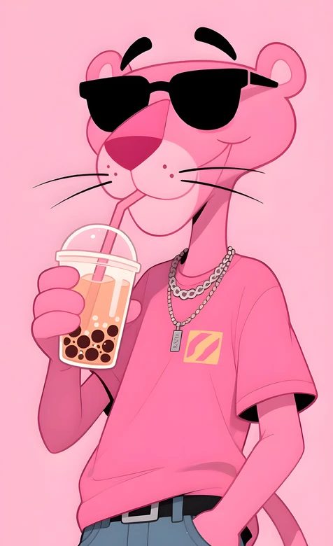 粉红豹·潮酷喝奶茶 卡通动画风手机壁纸（卡通潮酷壁纸）
