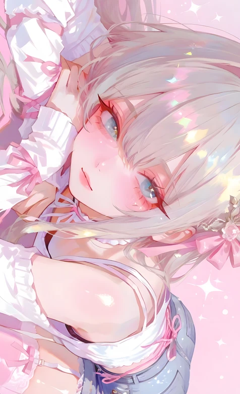 二次元梦幻少女·粉系蝴蝶结泪眼 粉色光斑手机壁纸