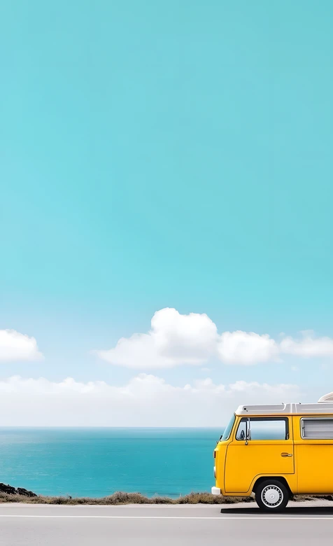 黄色复古面包车·海边公路清新治愈风手机壁纸