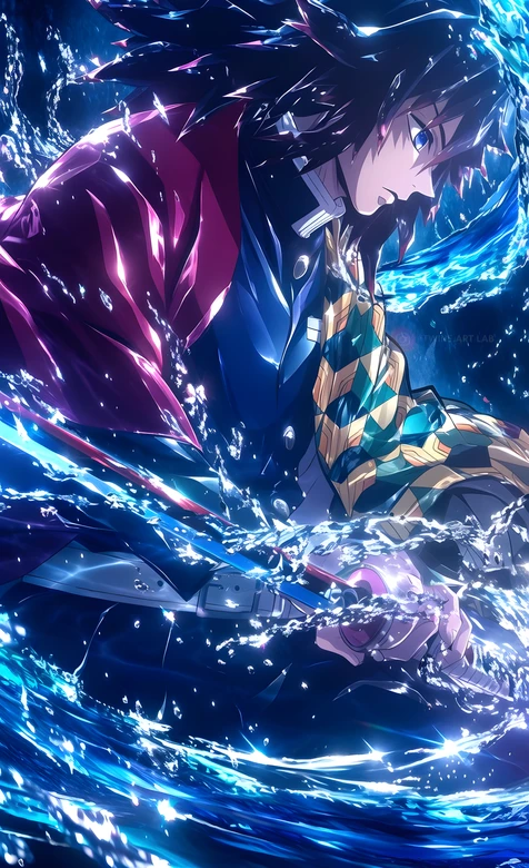 富冈义勇·水之呼吸爆发 二次元炫酷鬼灭之刃动漫壁纸（高热度：动漫人物战斗壁纸）