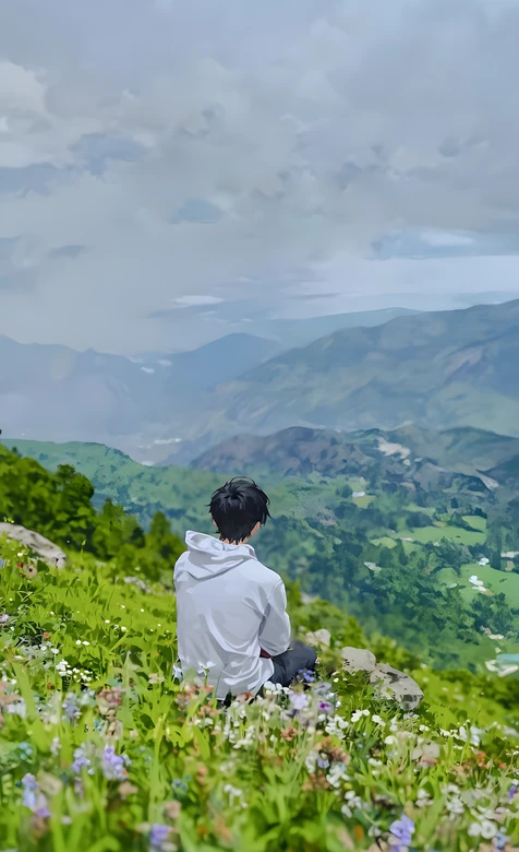 黑发白卫衣少年独坐山间花海 唯美治愈国漫风手机壁纸