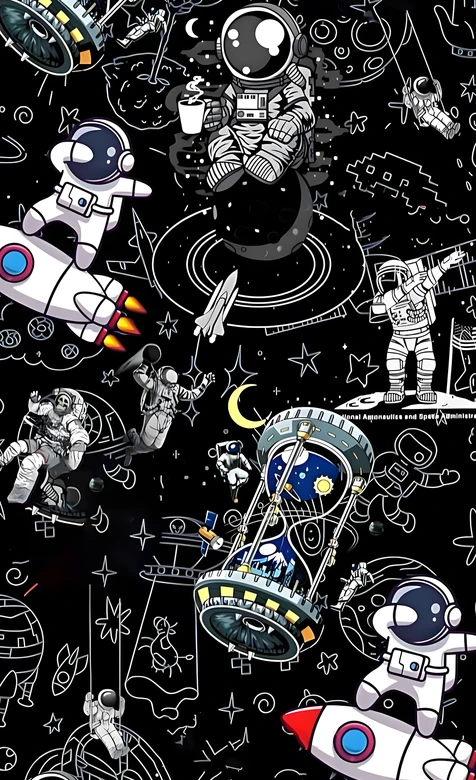 卡通涂鸦风太空宇航员火箭沙漏手机壁纸 科幻探索壁纸