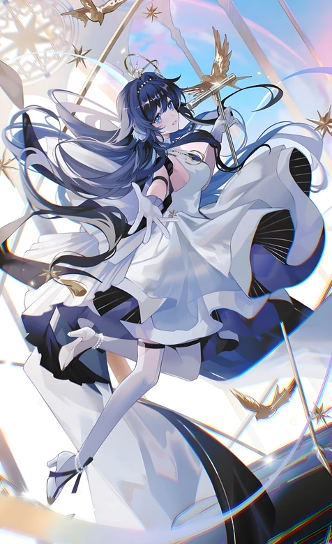 蓝发白衣少女·持杖雀绕 唯美二次元插画 手机壁纸