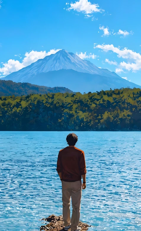 男子湖岸眺雪山森林·二次元唯美动漫风手机壁纸