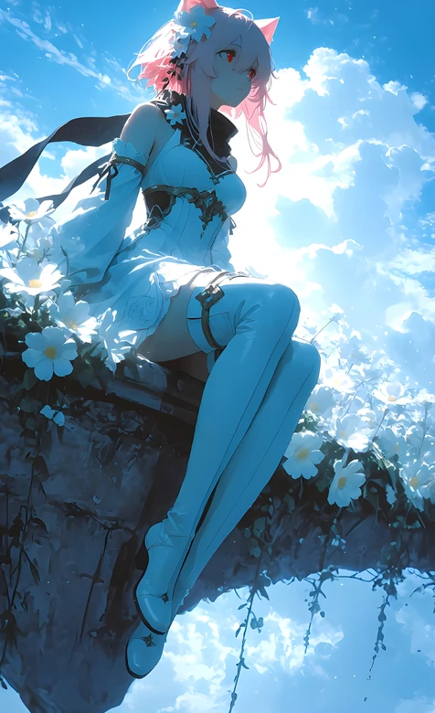 粉发猫耳红瞳少女 唯美二次元风 二次元高人气手机壁纸