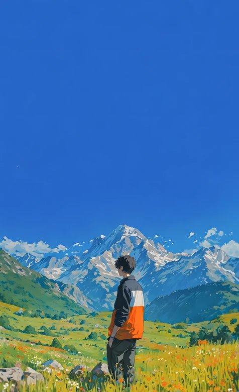 少年眺望雪山花海·二次元唯美插画·治愈系手机壁纸