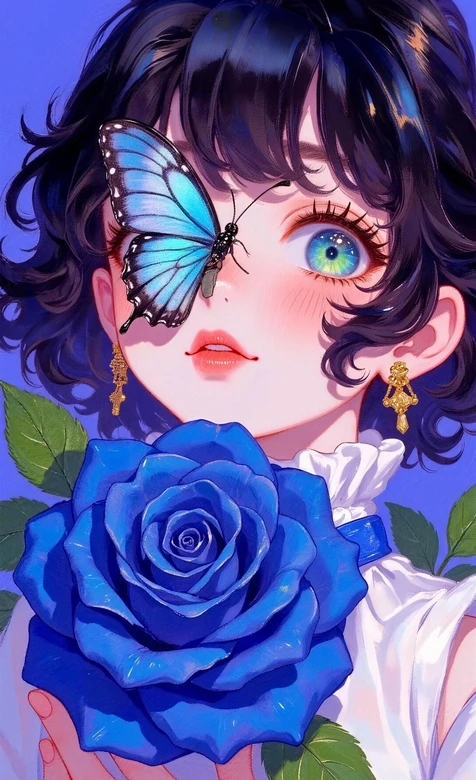 动漫少女·蓝蝶蓝玫瑰 唯美手绘风 治愈手机壁纸