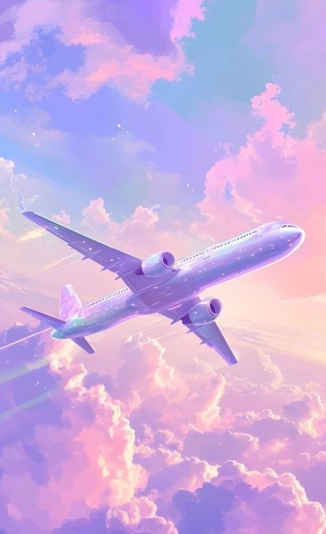 梦幻粉紫飞机·唯美插画风 治愈天空旅行壁纸