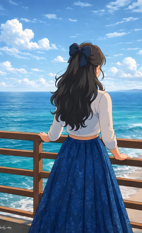 黑长卷女孩·蓝裙 日系动漫风海边治愈壁纸