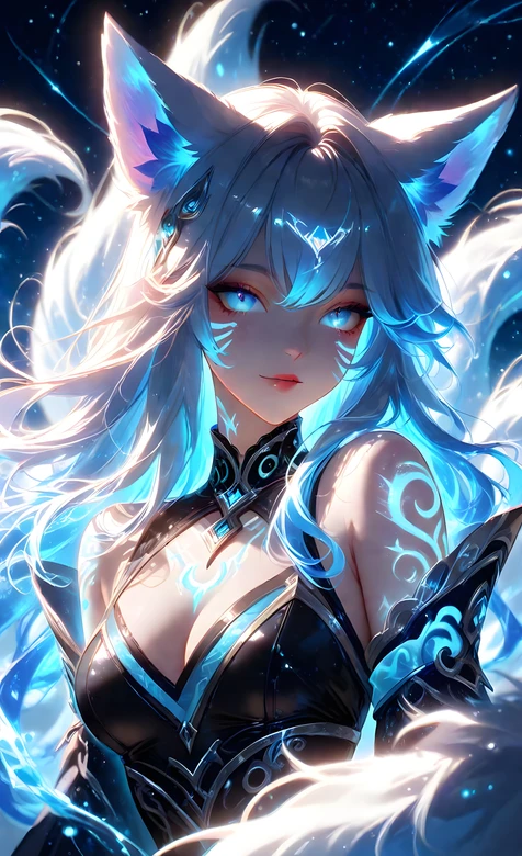 狐耳九尾少女·蓝焰幻光 唯美游戏风手机壁纸
