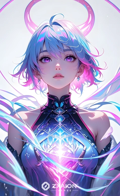 幻彩流光少女·蓝粉渐变发丝+光环 二次元梦幻风（ZXAION VERSE） 高热度竖屏壁纸
