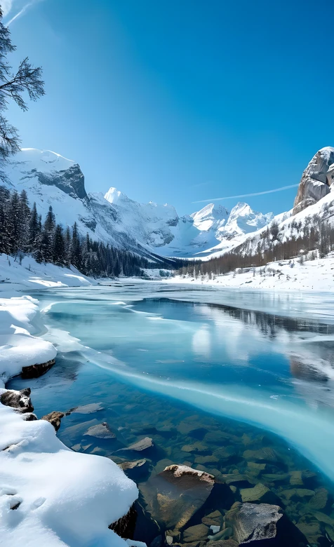 唯美雪山冰湖雪景·纯净冬日自然风光手机壁纸（冬日雪山冰湖壁纸）