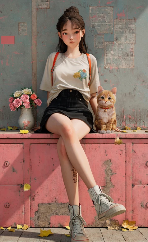 复古穿搭女孩与橘猫 写实治愈3D手机壁纸